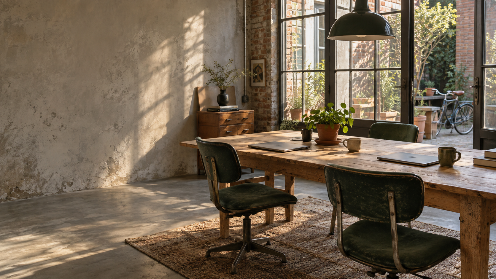 Werkplek met houten tafel en groene stoelen